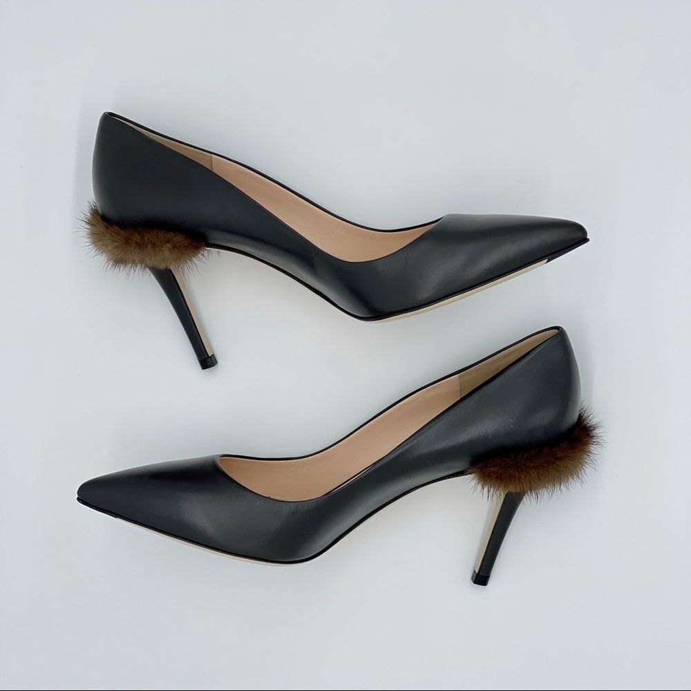 Fendi Closed Toe Heels Black Leather Pumps w/ Brown Mink Fur Size 39.5 NWT - Picture 5 of 15